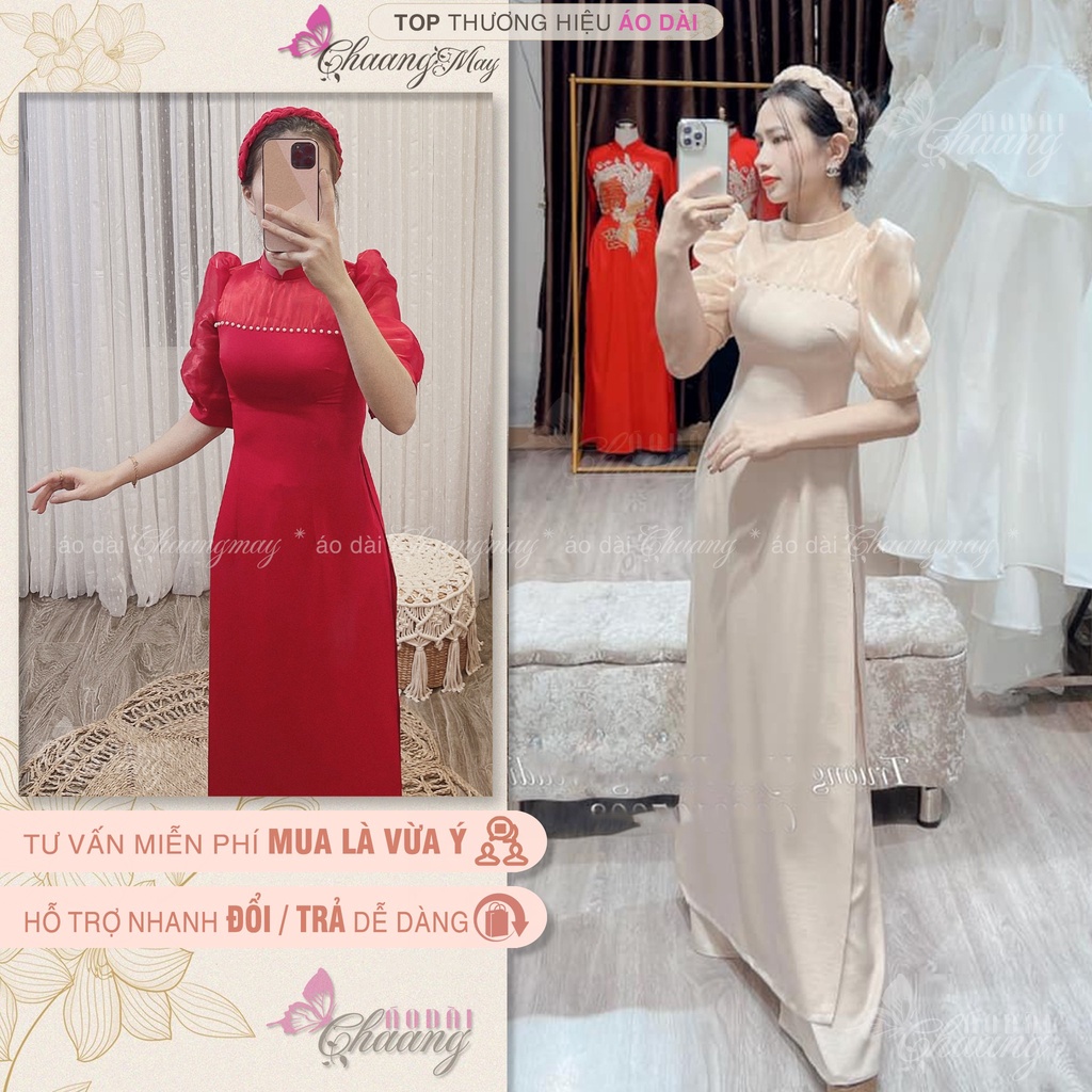 Áo Dài Cách Tân Nữ Nude Sang Trọng Tay Tơ Bồng Có Cổ Tròn Liền Cách Điệu Đẹp C-AD422
