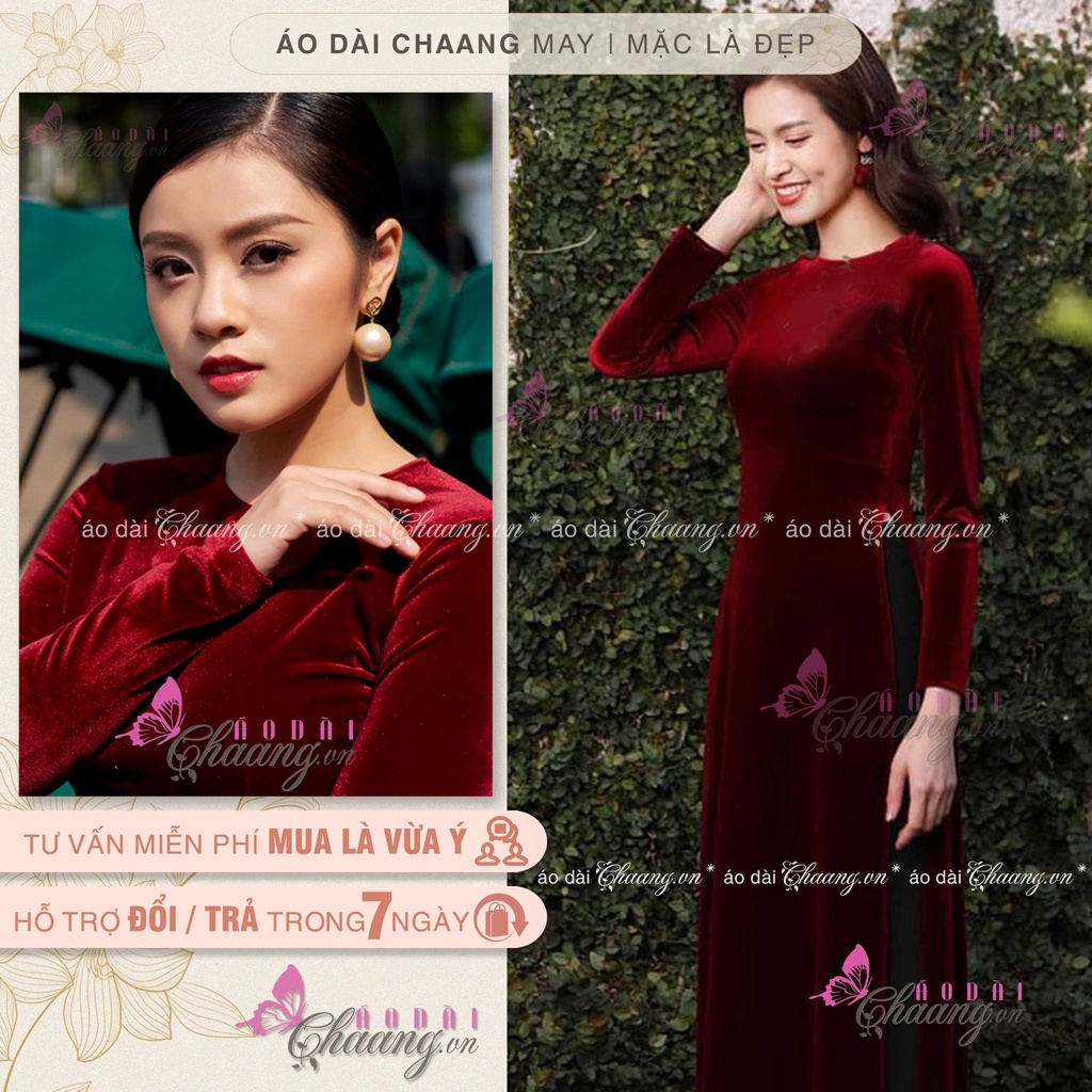 Áo dài nhung cổ tròn Chaang May sẵn áo dài vải đỏ đô đẹp sang trọng
