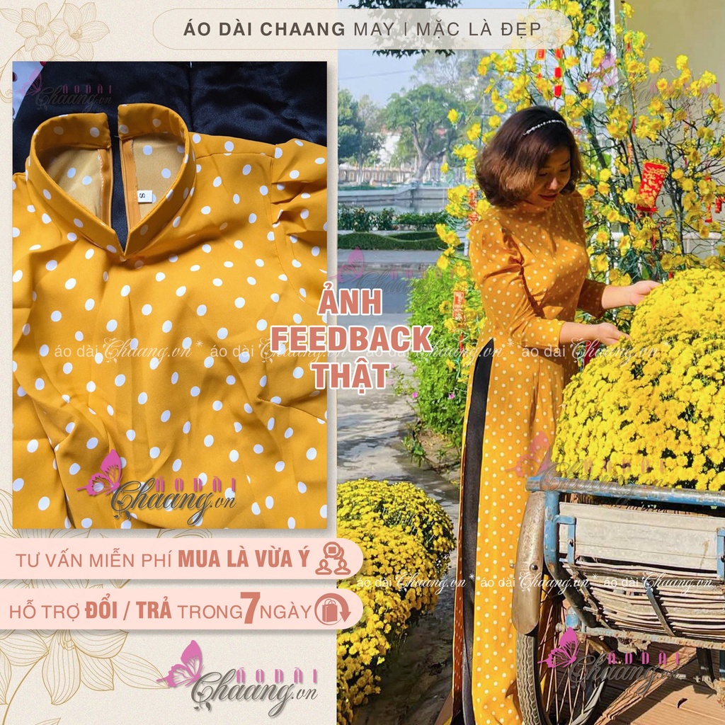 Áo Dài Truyền Thống Chấm Bi Vàng Vai Bồng May Sẵn Lụa Thái Cổ Vuông Đẹp ChaangBi08