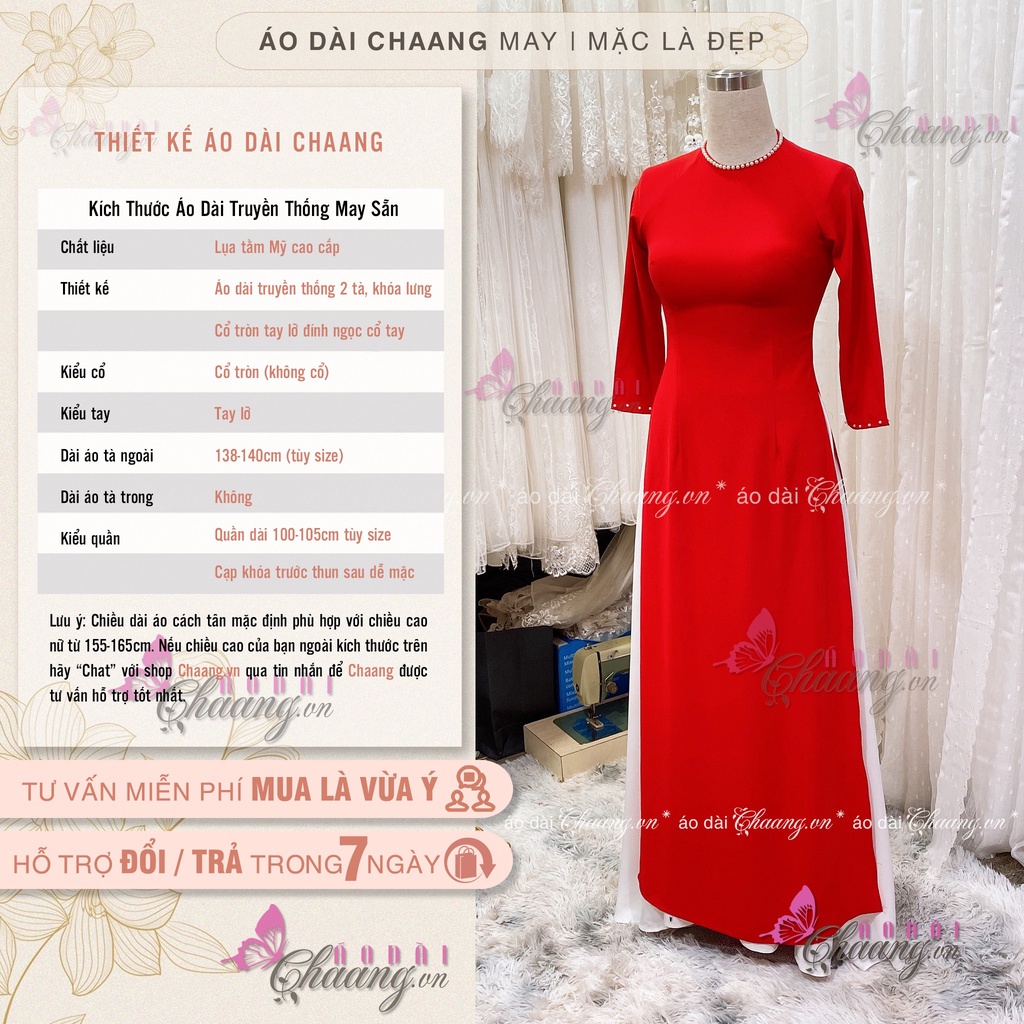 Áo dài đỏ cổ tròn CHAANG May sẵn kiểu tay lỡ viền đính đá ngọc, vải lụa đẹp