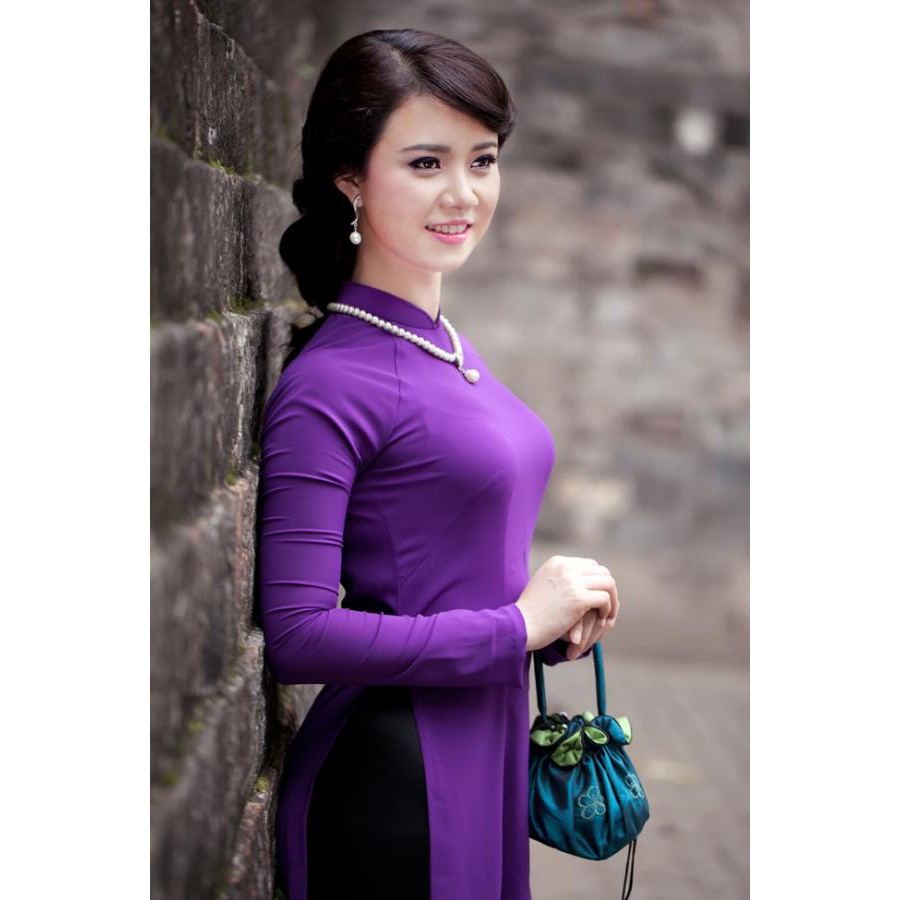 Áo dài truyền thống lụa Mỹ tím huế CHAANG may sẵn áo dài cổ vuông co giãn 4 chiều lên form đẹp