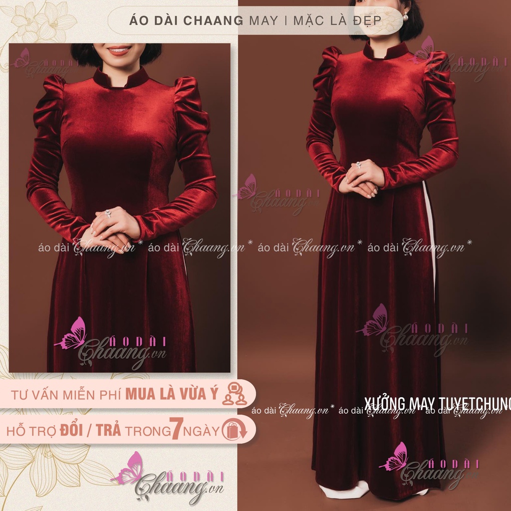 Áo dài nhung đỏ đô CHAANG May sẵn áo dài cổ vuông hở tay phồng đẹp, vải truyền thống cao cấp