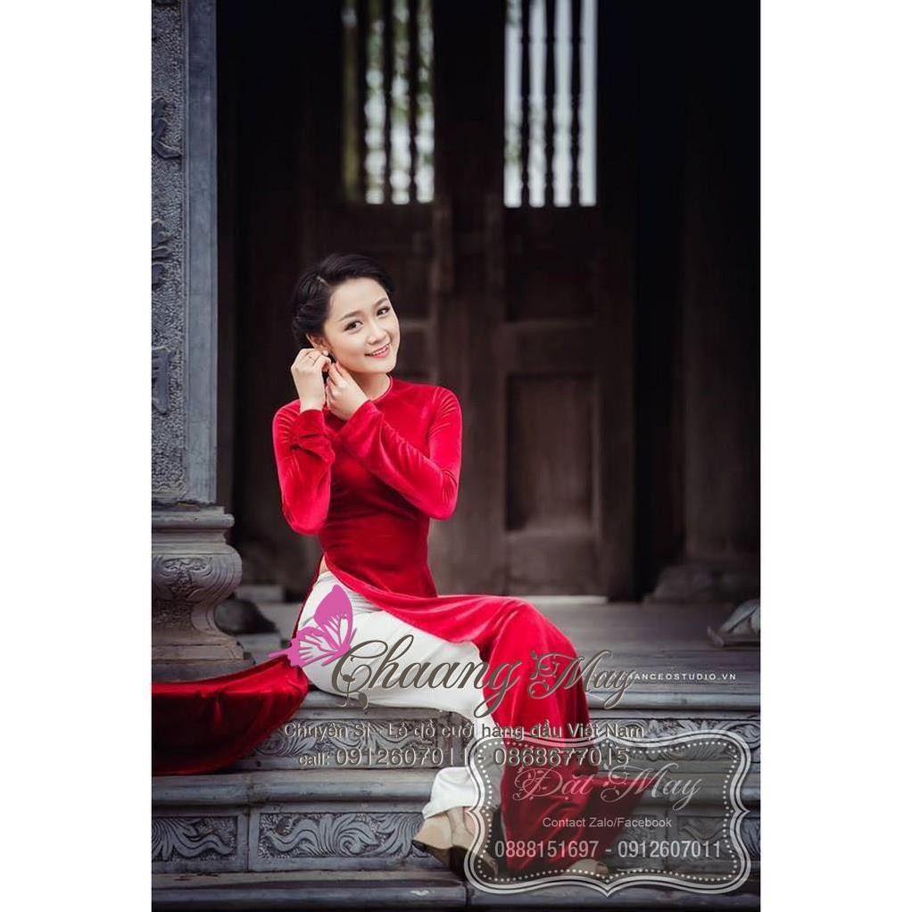 Áo dài nhung đỏ vai bồng may sẵn dáng truyền thống cổ cao tay phồng dài đẹp