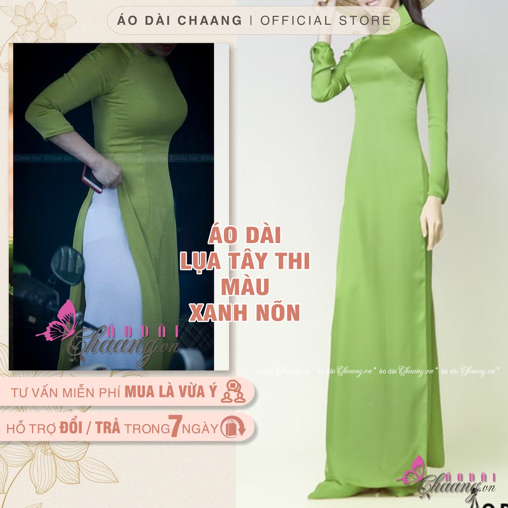 Áo dài xanh cốm nõn CHAANG may sẵn vải áo dài lụa Tây Thi truyền thống dự tiệc lễ tết đẹp