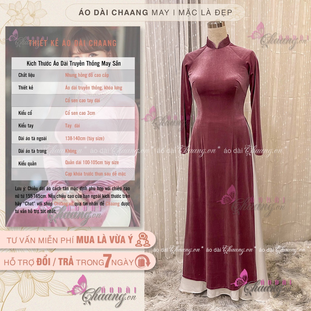 Áo Dài Nhung Hồng Truyền Thống May Sẵn Vải Co Giãn Tốt Mặc Dự Tiệc Lễ Tết Đẹp