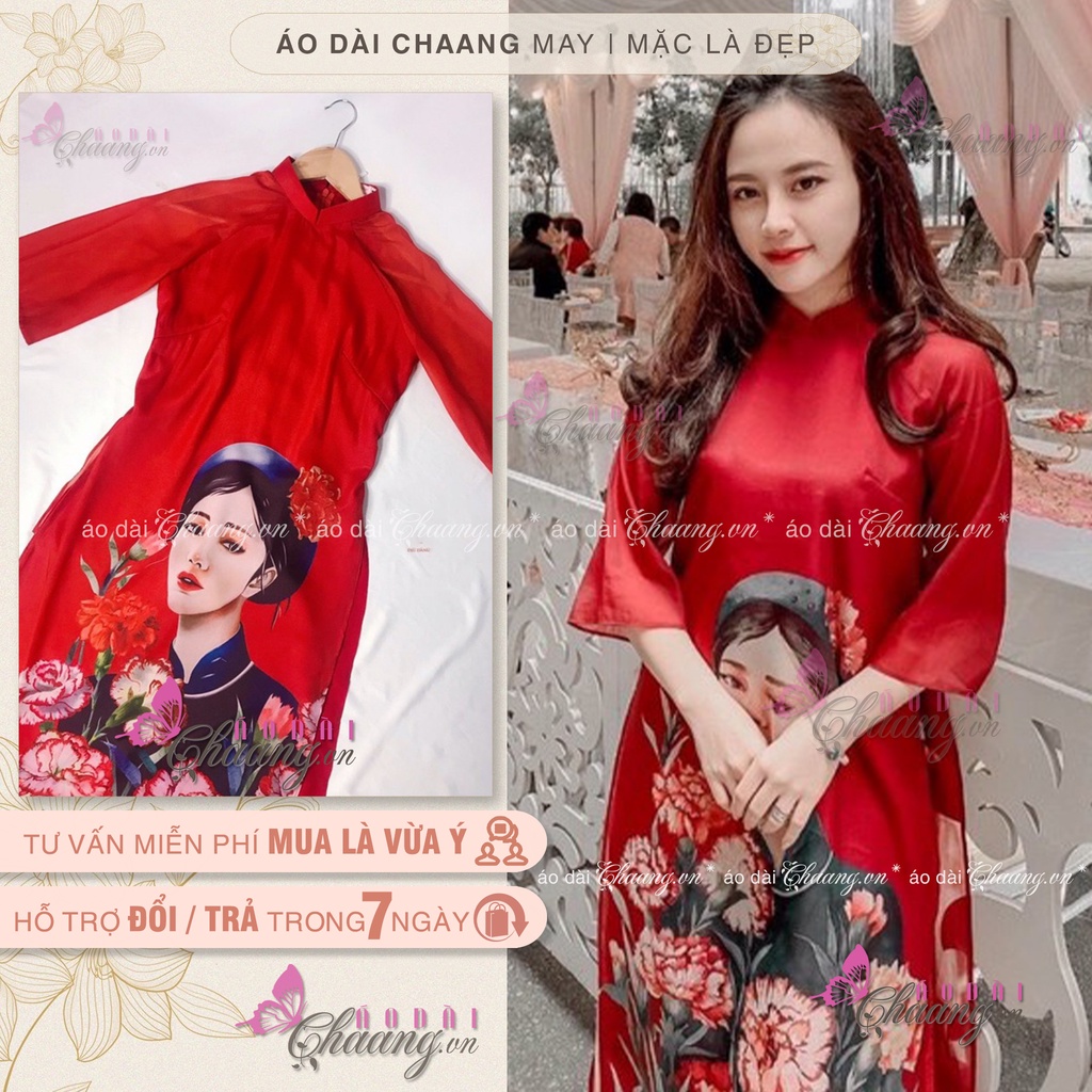 Áo dài cách tân cô gái CHAANG May sẵn vải áo dài 4 tà lụa tơ in hình dự tiệc lễ tết đẹp