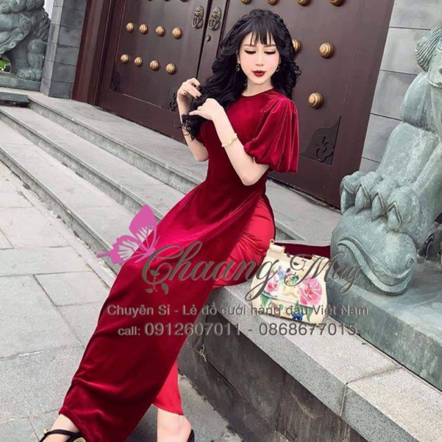 Áo Dài Nhung Cách Tân Nữ May Sẵn Tay Bèo Thun Bồng Sang Trọng Mặc Dự Tiệc Lễ Tết Đẹp