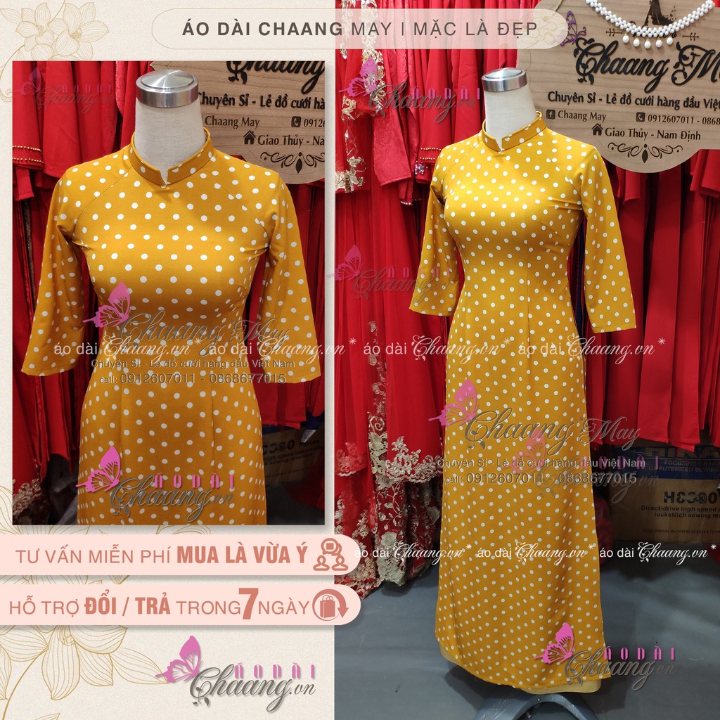 Áo dài vàng chấm bi - Áo dài may sẵn truyền thống cổ vuông tay lỡ Lụa đẹp