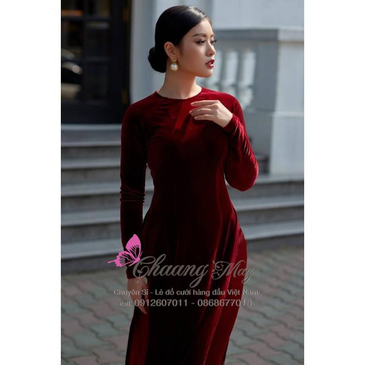 Áo Dài Nhung Đỏ Đô Đậm Truyền Thống May Sẵn Dự Tiệc Lễ Tết Đẹp Quý Phái