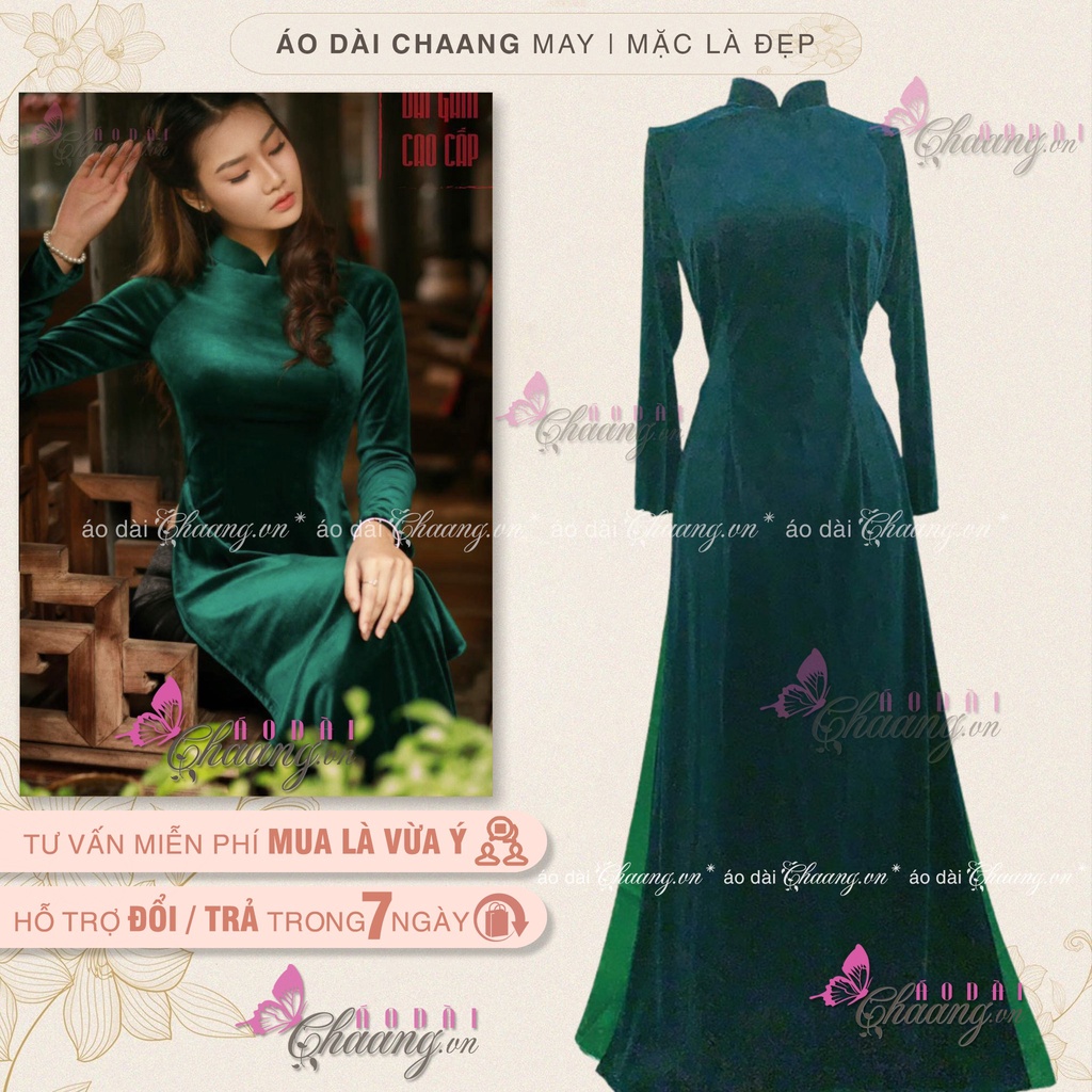 Áo dài xanh vải nhung Chaang May sẵn vải áo dài tay co giãn truyền thống mặc dự tiệc lễ tết đẹp