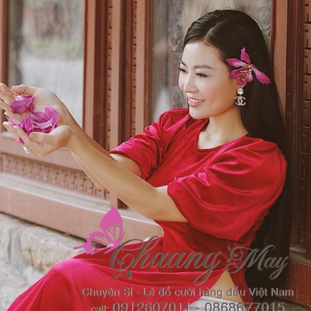 Áo Dài Nhung Cách Tân Nữ May Sẵn Tay Bèo Thun Bồng Sang Trọng Mặc Dự Tiệc Lễ Tết Đẹp