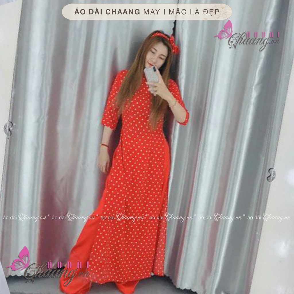 Áo Dài Đỏ Tươi Chấm Bi Trắng May Sẵn Áo Dài Truyền Thống Cổ Vuông Tay Lỡ Lụa Mặc Tết Đẹp