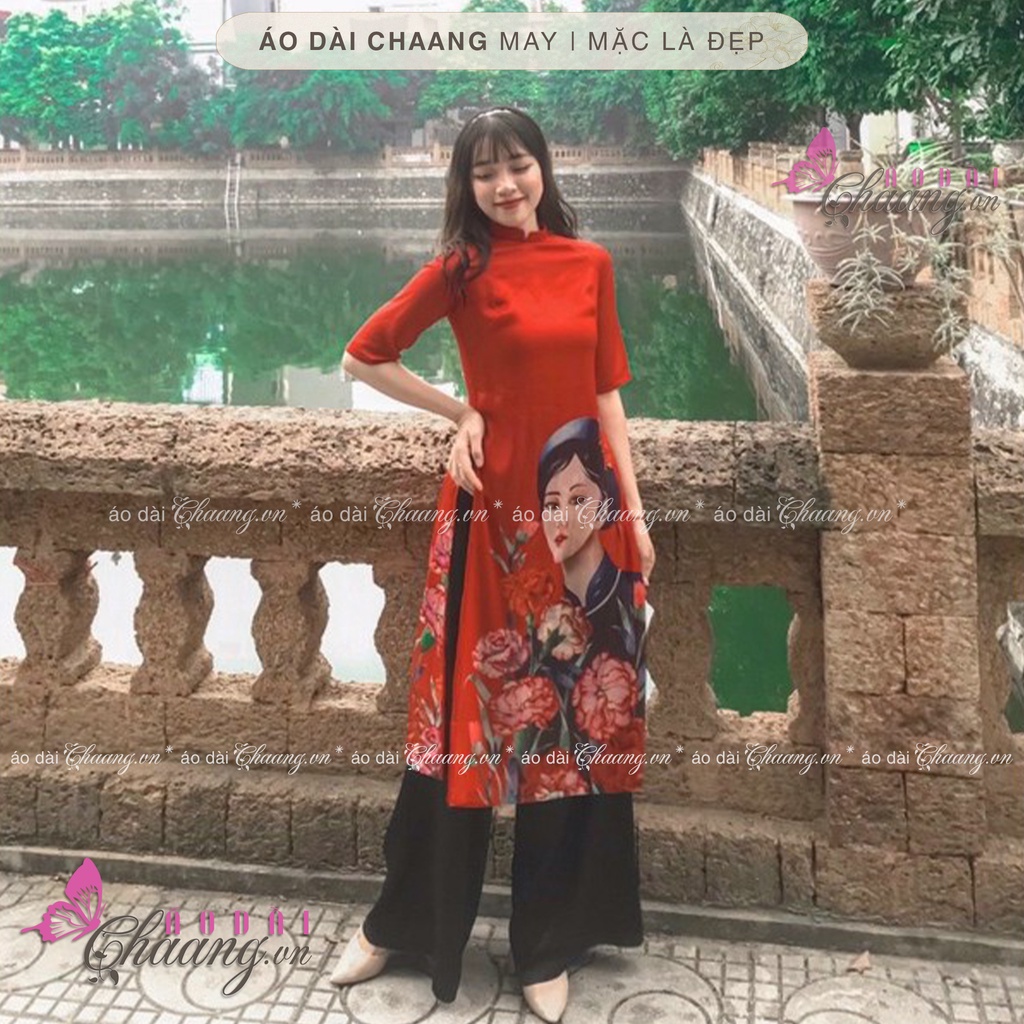 Áo dài cách tân cô gái CHAANG May sẵn vải áo dài 4 tà lụa tơ in hình dự tiệc lễ tết đẹp