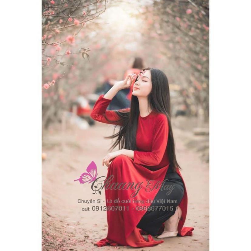 Áo dài cổ tròn đính đá ngọc Chaang May sẵn áo truyền thống vải nhung đỏ đô tươi đẹp