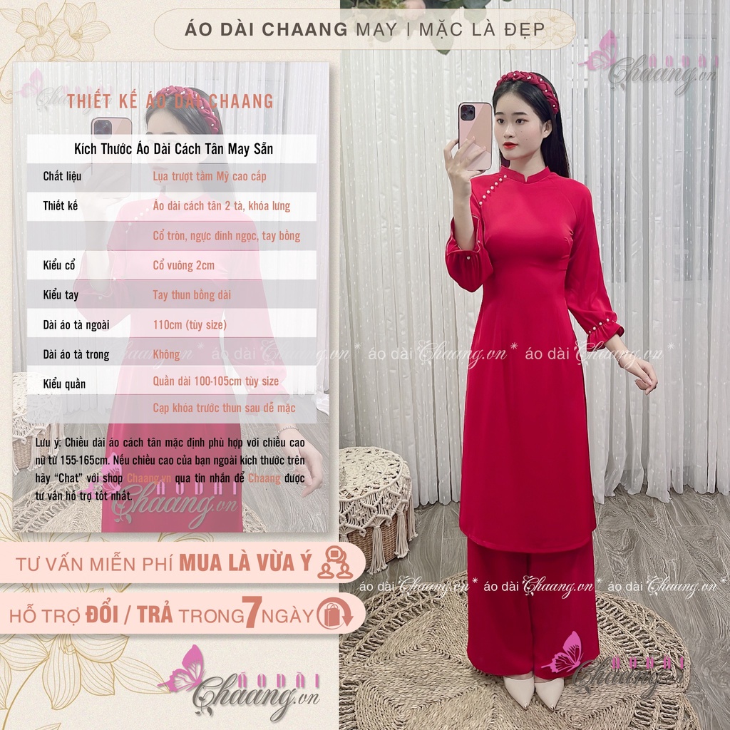 Áo Dài Cách Tân Nữ Tay Thun Bồng CHAANG May Sẵn 2 Tà Ngắn Đính Hạt Chuẩn Form Đẹp Đơn Giản CCT1422