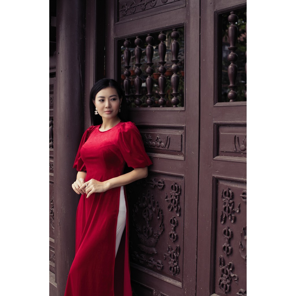 Áo Dài Nhung Cách Tân Nữ May Sẵn Tay Bèo Thun Bồng Sang Trọng Mặc Dự Tiệc Lễ Tết Đẹp