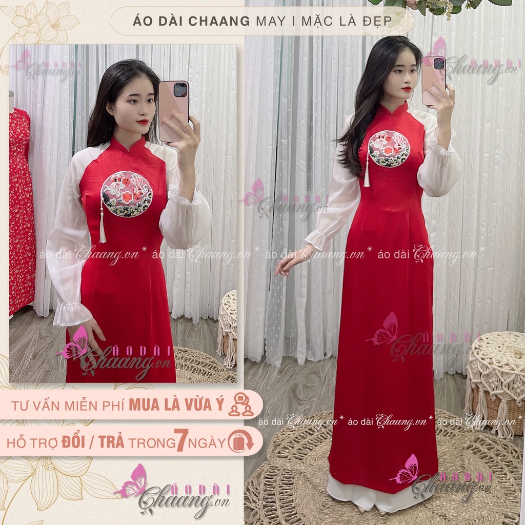 Áo Dài Cách Tân Nữ Lụa Đỏ Vàng Tay Bồng Tơ Nhũ Trắng May Sẵn Dự Tiệc Du Xuân Lễ Tết Đẹp