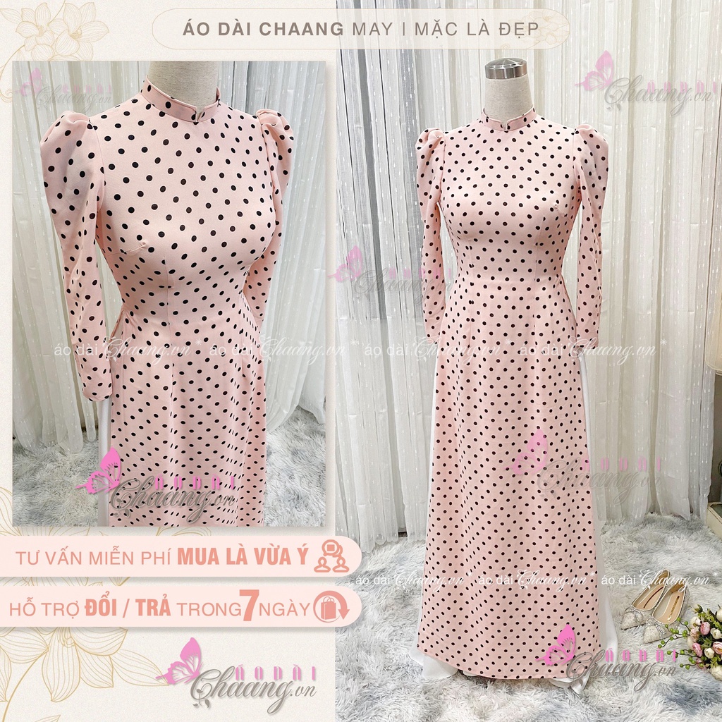 Áo Dài Hồng Chấm Bi Đen Vai Bồng May Sẵn Cổ Vuông Tay Bồng Mặc Lễ Tết Đẹp CBi131