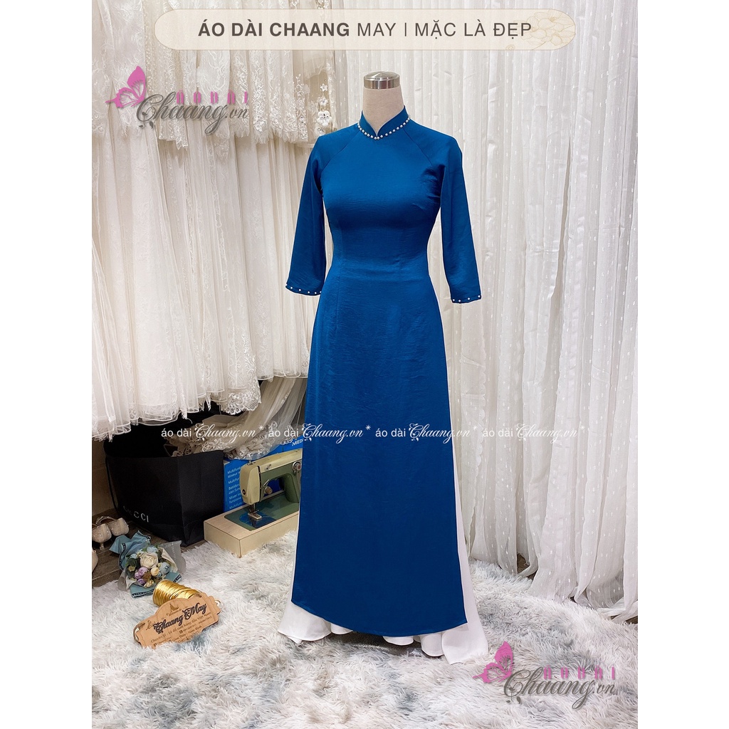 Áo Dài Xanh Navi Cổ Vịt CHAANG May Sẵn 2 Tà Thuyền Thống Lụa Đẹp ADX422