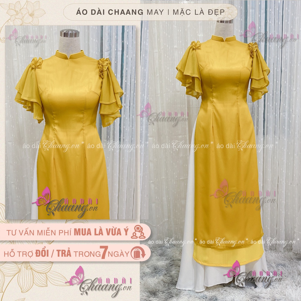 Áo dài nữ 4 tà tay bèo cánh tiên may sẵn Lụa tơ óng mặc dự tiệc lễ tết Đẹp