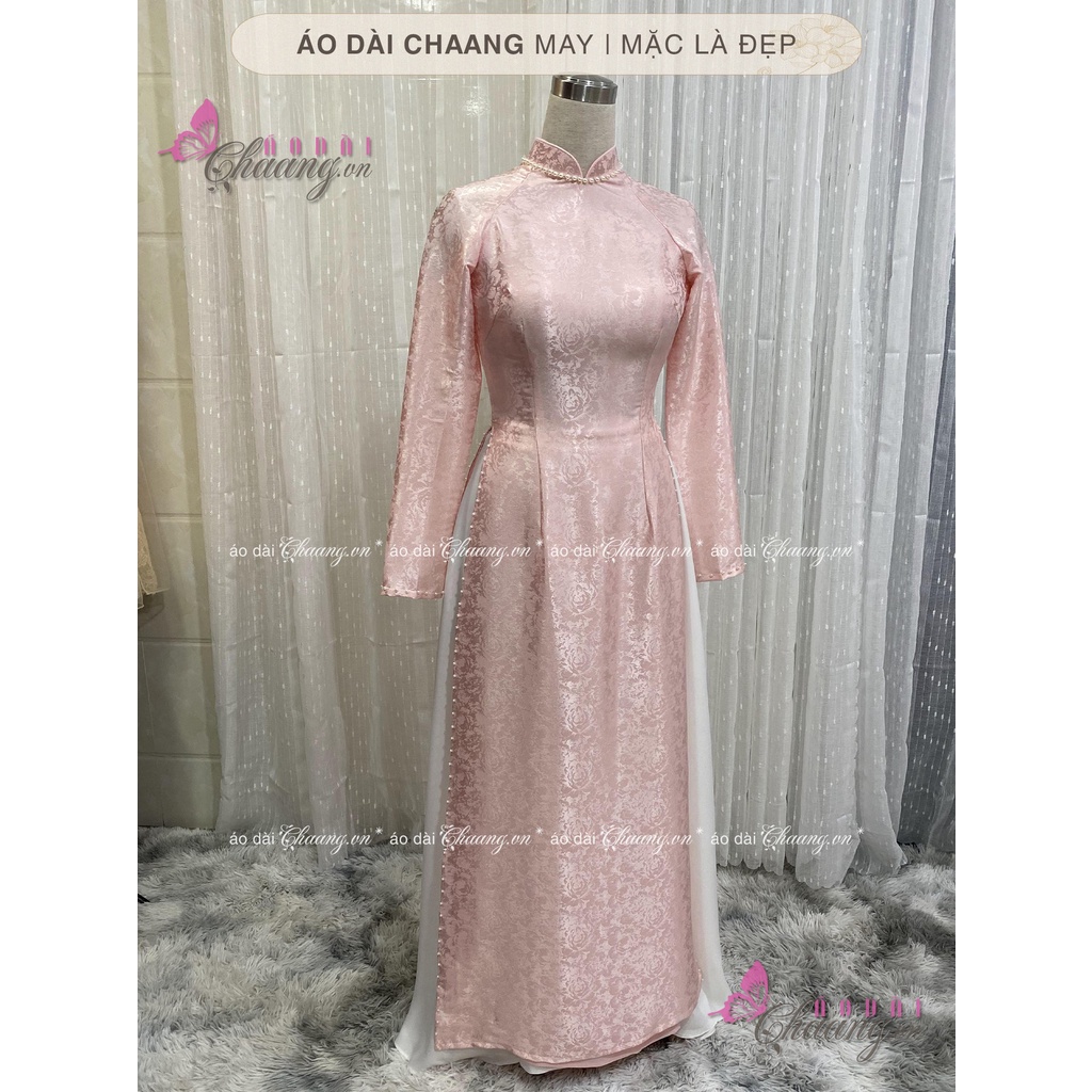 Áo dài cưới gấm tơ hồng đẹp cho cô dâu xinh đi đám cưới hỏi đính ngọc cao cấp