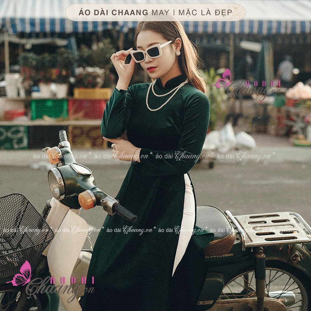 Áo dài xanh vải nhung Chaang May sẵn vải áo dài tay co giãn truyền thống mặc dự tiệc lễ tết đẹp