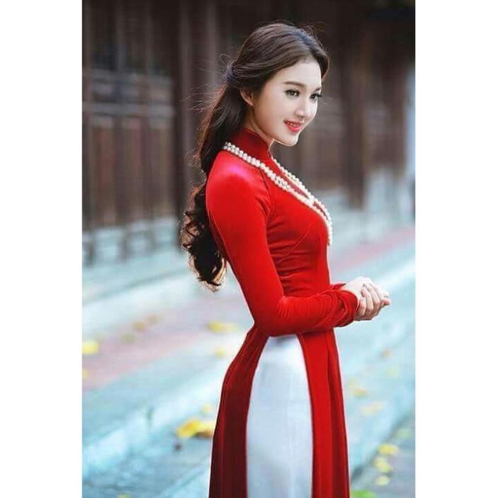 Áo dài nhung đỏ Chaang may sẵn vải áo dài truyền thống co giãn dễ mặc dự tiệc lễ tết đẹp