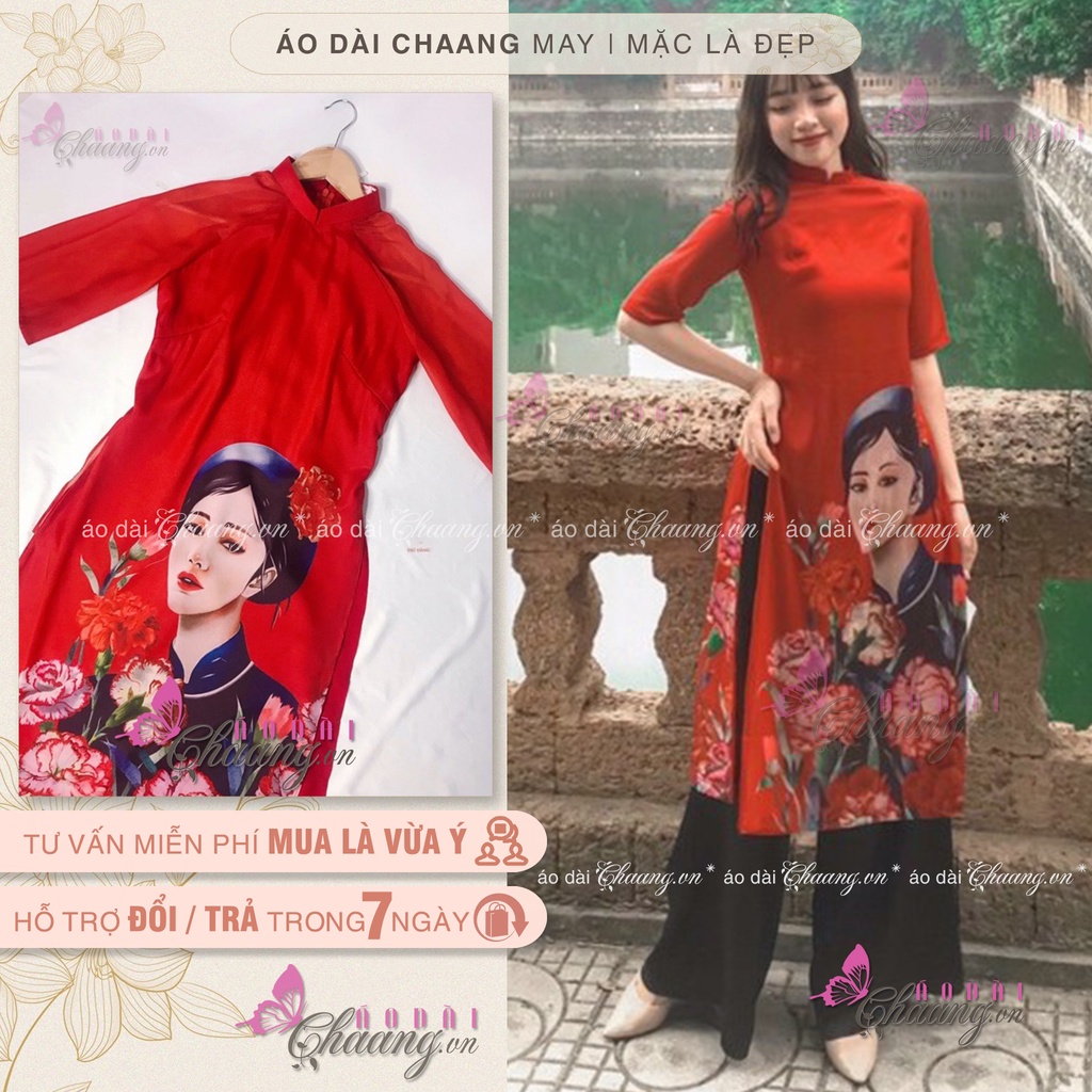 Áo dài cách tân cô gái CHAANG May sẵn vải áo dài 4 tà lụa tơ in hình dự tiệc lễ tết đẹp