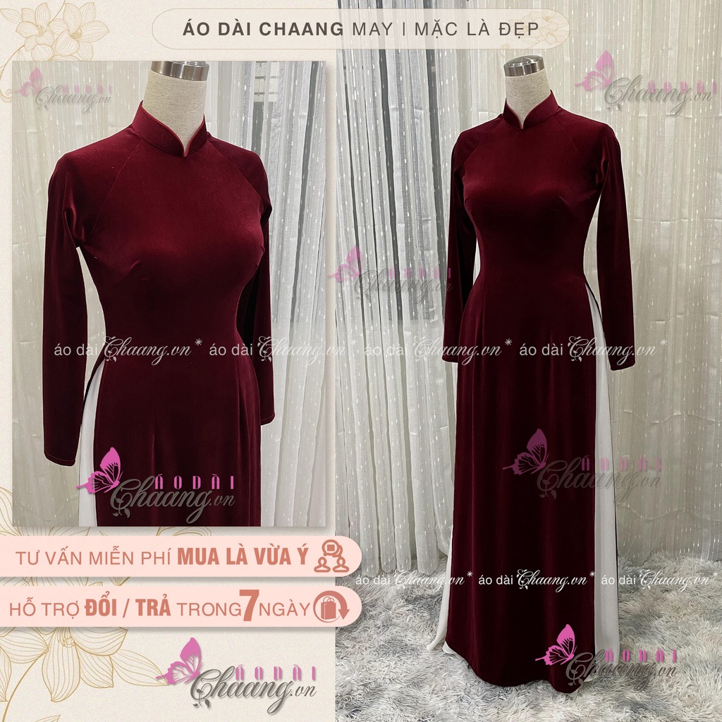 Áo Dài Nhung Đỏ Đô Đậm Truyền Thống May Sẵn Dự Tiệc Lễ Tết Đẹp Quý Phái