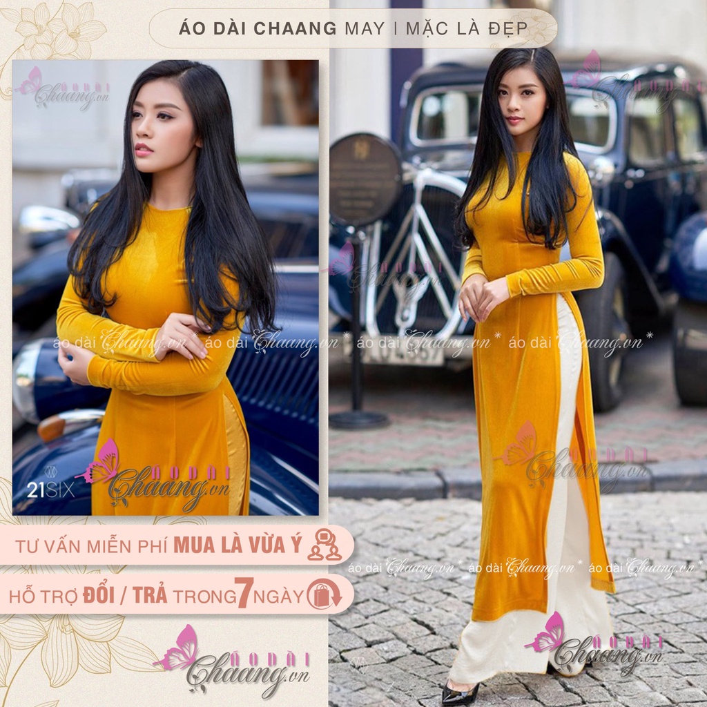 Áo Dài Truyền Thống Nhung Pháp Cao Cấp May Sẵn Màu Vàng Mơ Mù Tạc Co Giãn Đẹp AN18