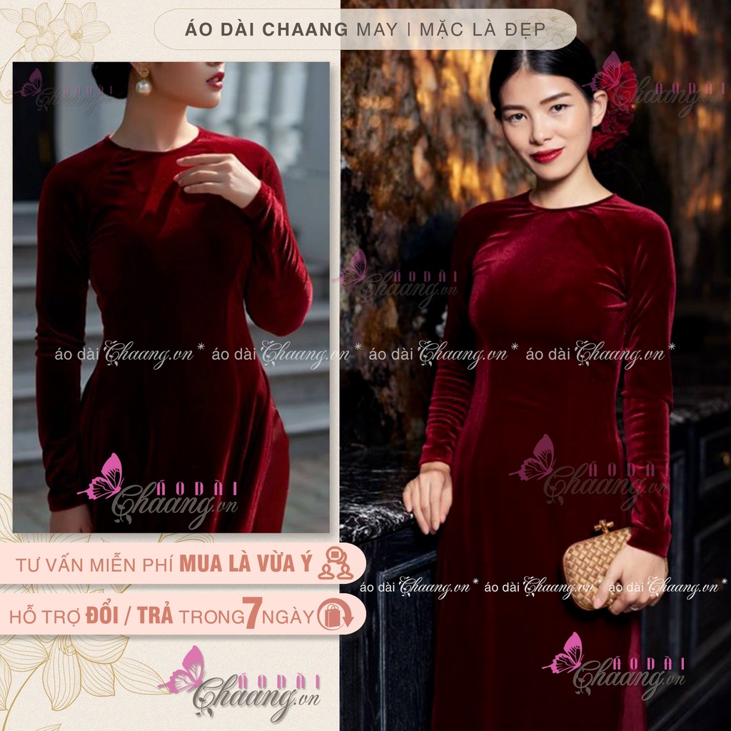 Áo dài nhung cổ tròn Chaang May sẵn áo dài vải đỏ đô đẹp sang trọng