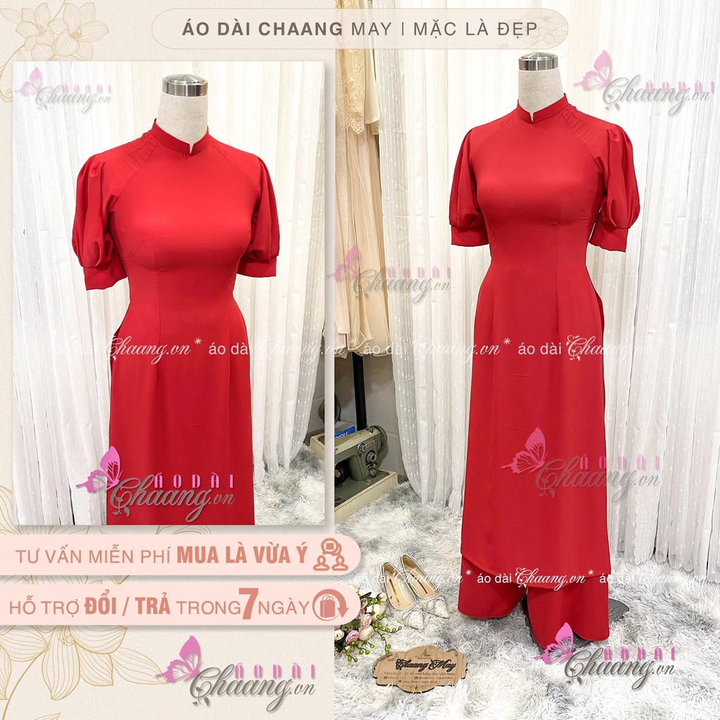 Áo Dài Cách Tân Nữ Đỏ Xinh Thiết Kế Tay Bồng Măng Séc Nổi Bật Dự Tiệc Lễ Tết Đẹp