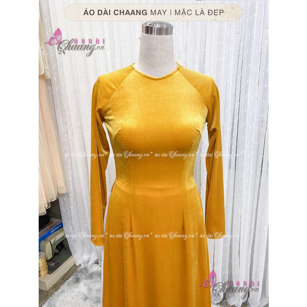 Áo Dài Nhung Vàng Mơ Mù Tạc May Sẵn Cổ Tròn Truyền Thống Vải Đẹp Co Giãn 4 Chiều