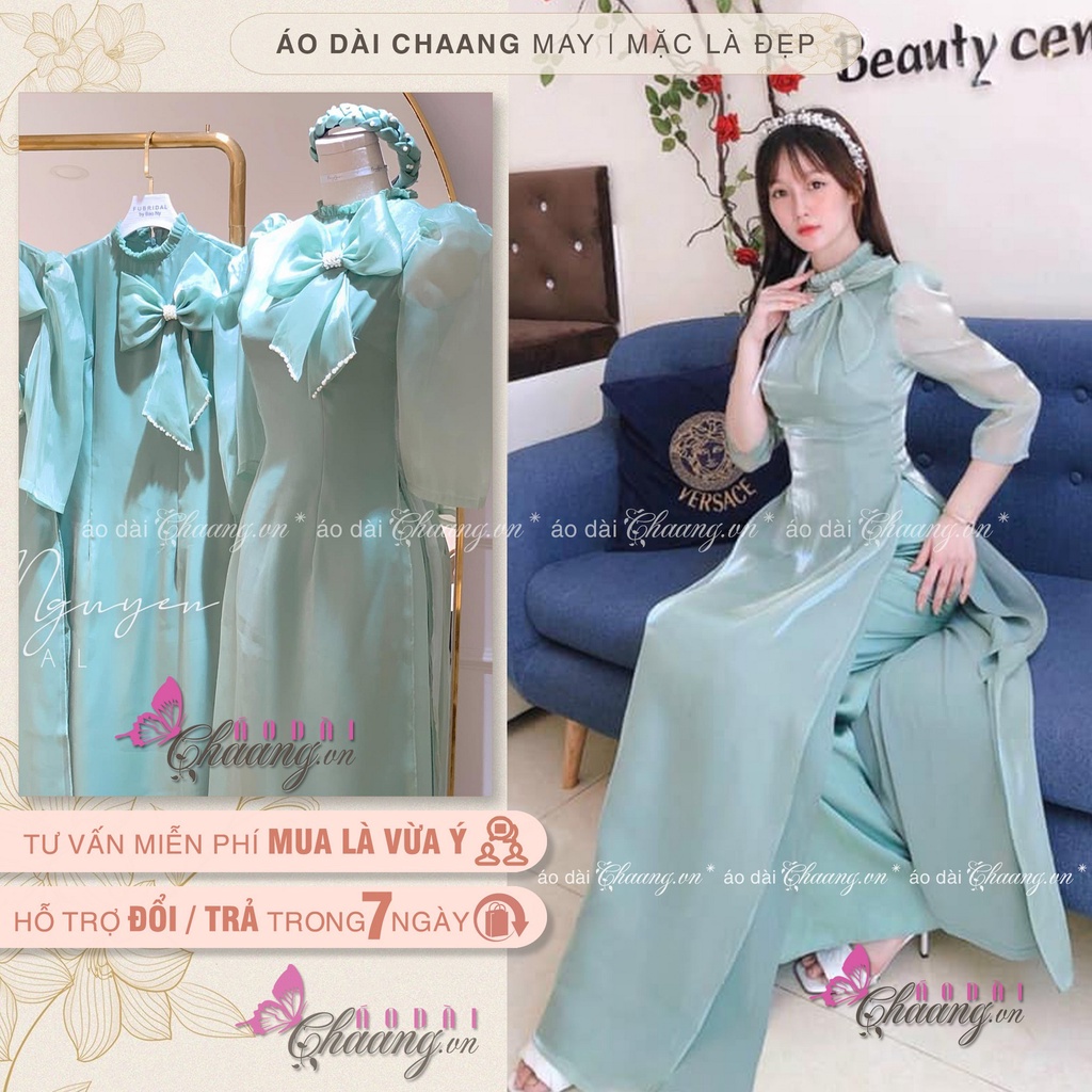 Áo Dài cách tân nữ 4 tà CHAANG May sẵn áo dài đẹp tay lỡ, vải tơ bóng mềm cổ xếp vai bồng