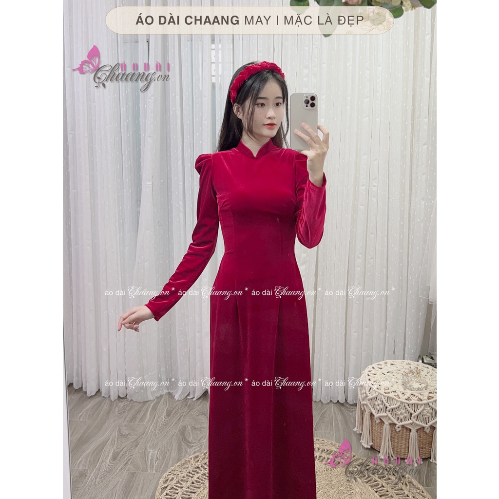 Áo dài nhung đỏ vai bồng may sẵn dáng truyền thống cổ cao tay phồng dài đẹp