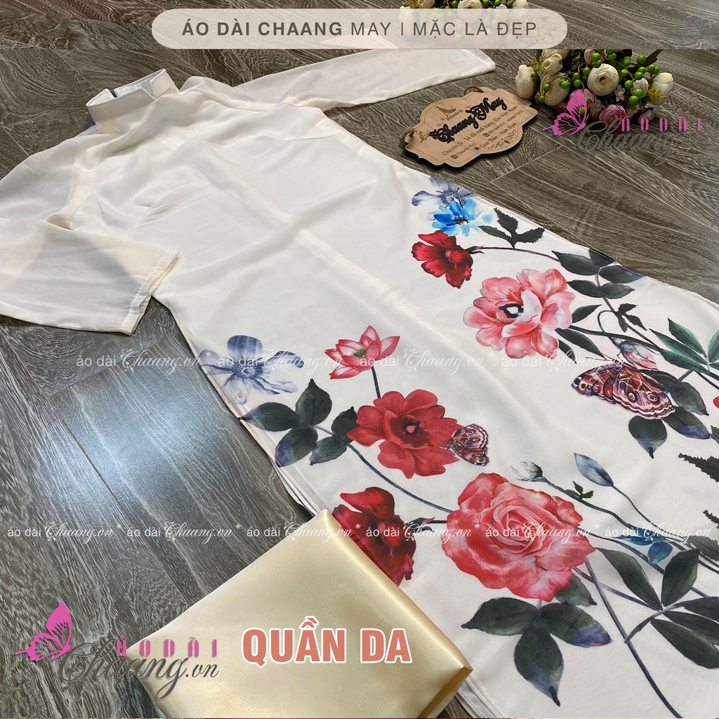 Áo Dài Cách Tân Nữ Dáng Xuông 4 Tà Chân Hoa Cổ Vuông Lụa Da Tơ Óng CHAANG021