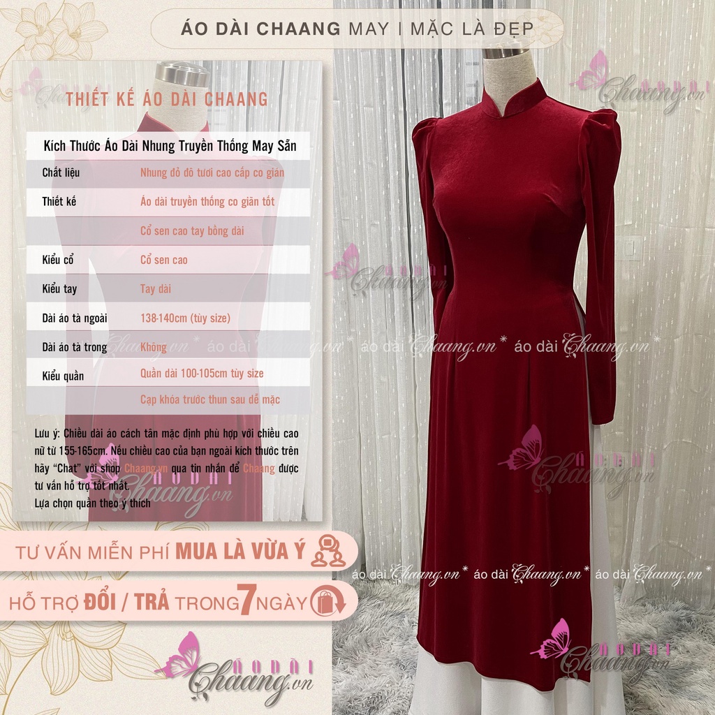 Áo dài nhung đỏ vai bồng may sẵn dáng truyền thống cổ cao tay phồng dài đẹp