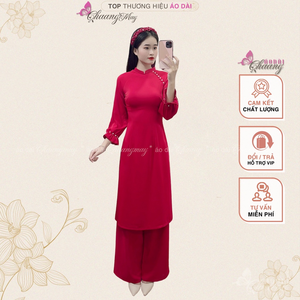 Áo Dài Cách Tân Nữ Tay Thun Bồng CHAANG May Sẵn 2 Tà Ngắn Đính Hạt Chuẩn Form Đẹp Đơn Giản CCT1422