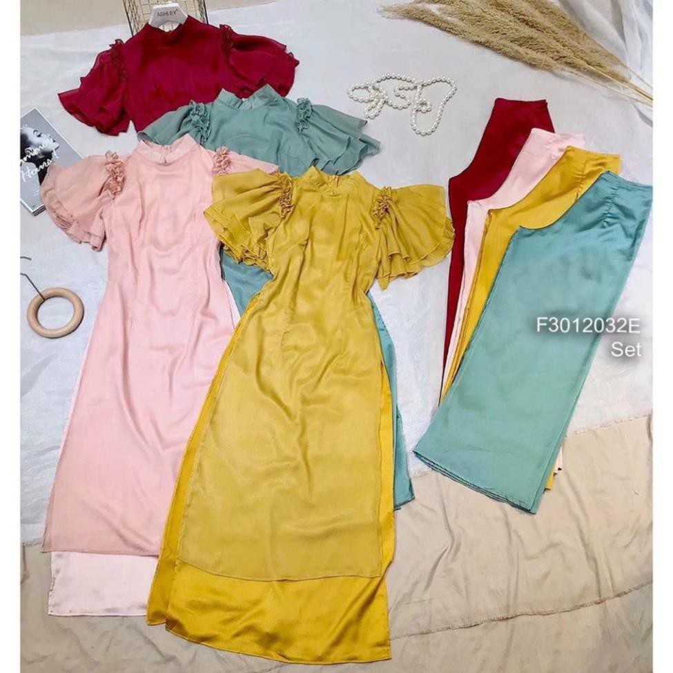 Áo dài cách tân nữ công sở Áo dài 4 tà tay loe cánh tiên lụa tơ óng xanh Mint đẹp