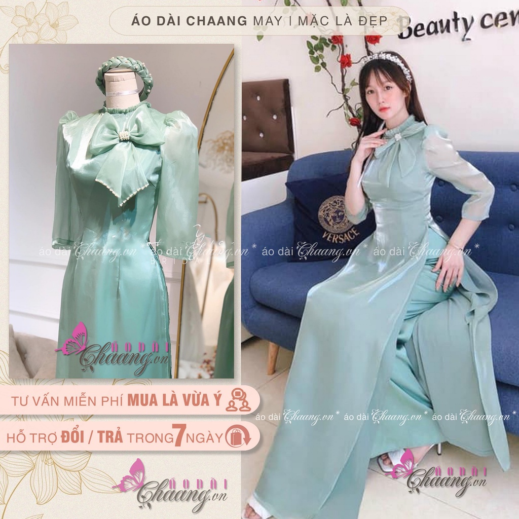 Áo Dài cách tân nữ 4 tà CHAANG May sẵn áo dài đẹp tay lỡ, vải tơ bóng mềm cổ xếp vai bồng