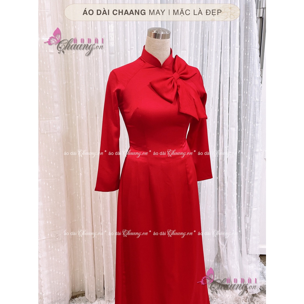 Áo Dài Đỏ Lụa Tây Thi Đính Nơ Thủ Công May Sẵn Truyền Thống Form Đẹp