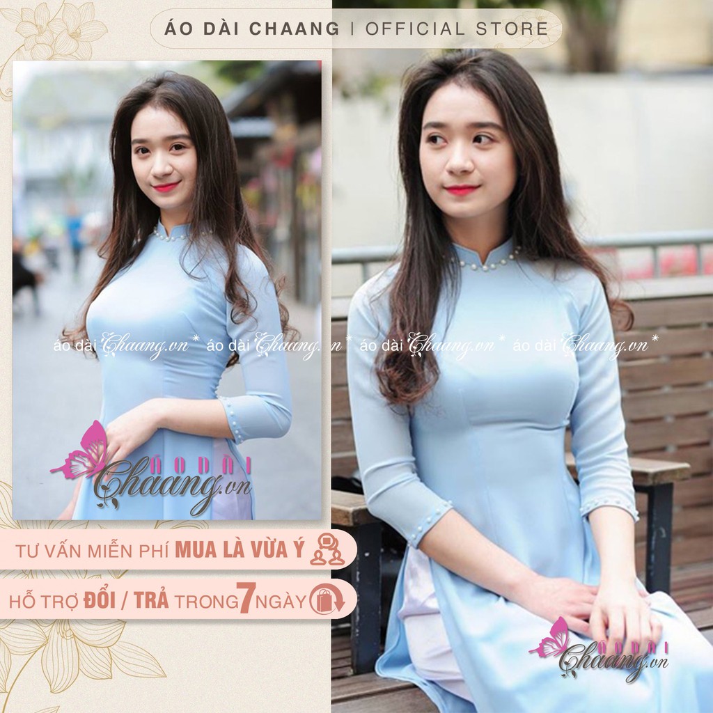 Áo dài xanh biển hay xanh da trời chất lụa trượt tằm xịn 4 tà