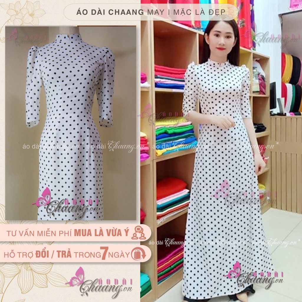 Áo Dài Trắng Truyền Thống Chấm Bi Vai Bồng May Sẵn Lụa Thái Cổ Vuông Đẹp ChaangBi09