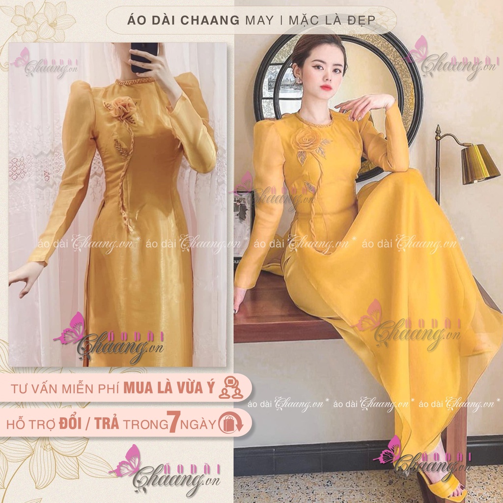 Áo Dài Cách Tân Nữ Cao Cấp May Sẵn Tay Bồng Lụa Tơ 4 Tà Cổ Tròn Kết Hoa Thủ Công Phù Hợp Dự Tiệc Lễ Tết Đẹp