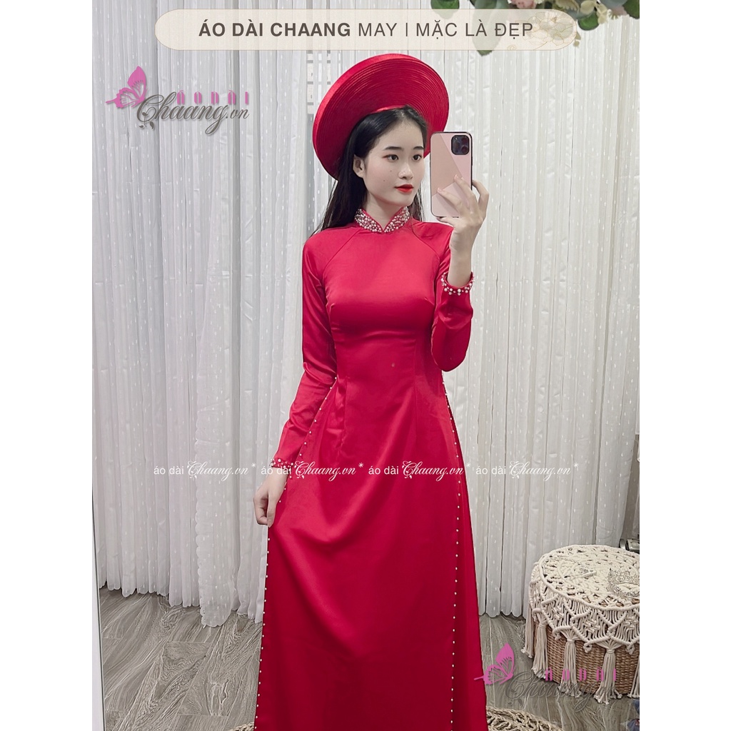 Áo Dài Cưới Truyền Thống CHAANG May Thiết Kế Sẵn 4 Tà Đính Tủa Cổ Ngọc Cô Dâu Dự Tiệc Đẹp ADC1422