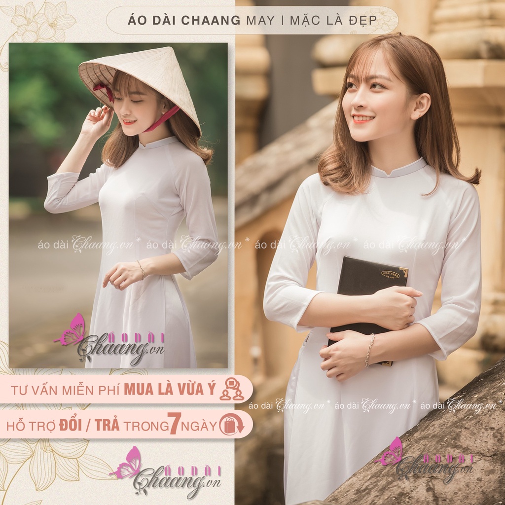 Áo dài học sinh đi học may sẵn màu trắng truyền thống lụa Mỹ đẹp cổ vuông 2cm tay lỡ chụp kỷ yếu