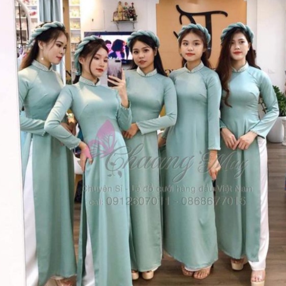 Áo Dài Lụa Xanh Đính Đá Ngọc Đẹp May Sẵn Lua Tây Thi Đẹp ADX021