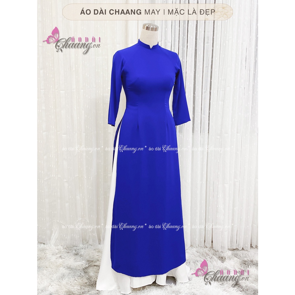 Áo dài xanh coban Chaang May sẵn áo cổ vuông tay lỡ, vải lụa xanh bích