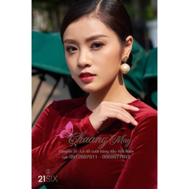 Áo dài nhung cổ tròn Chaang May sẵn áo dài vải đỏ đô đẹp sang trọng