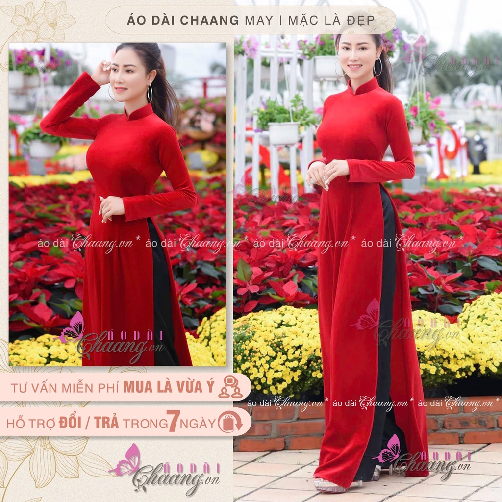 Áo dài nhung đỏ Chaang may sẵn vải áo dài truyền thống co giãn dễ mặc dự tiệc lễ tết đẹp